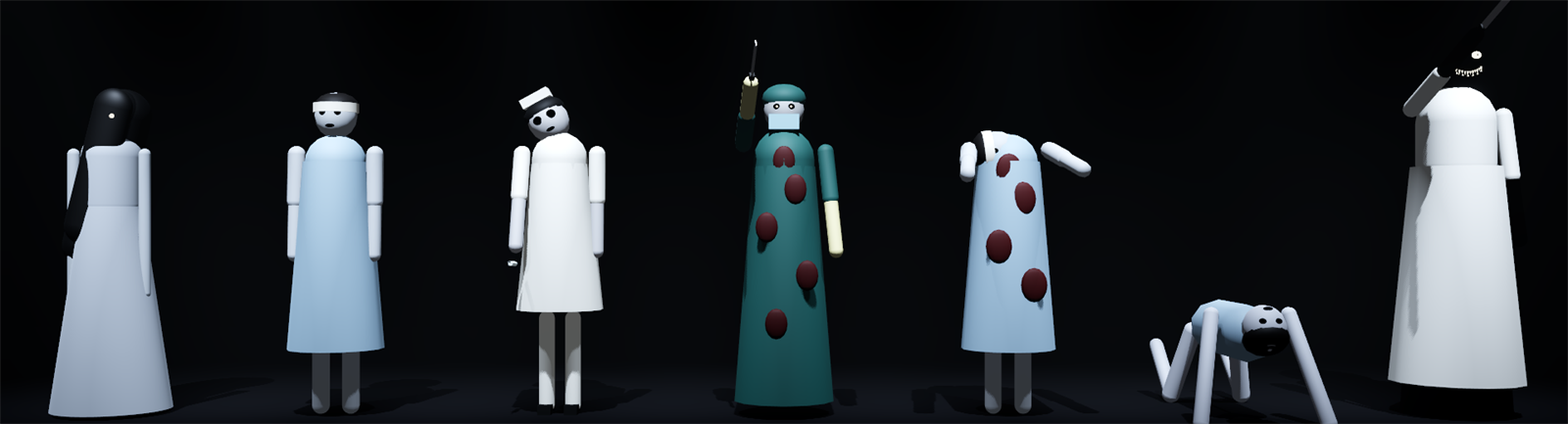 The seven ghosts of Mujin Byoto standing in a row