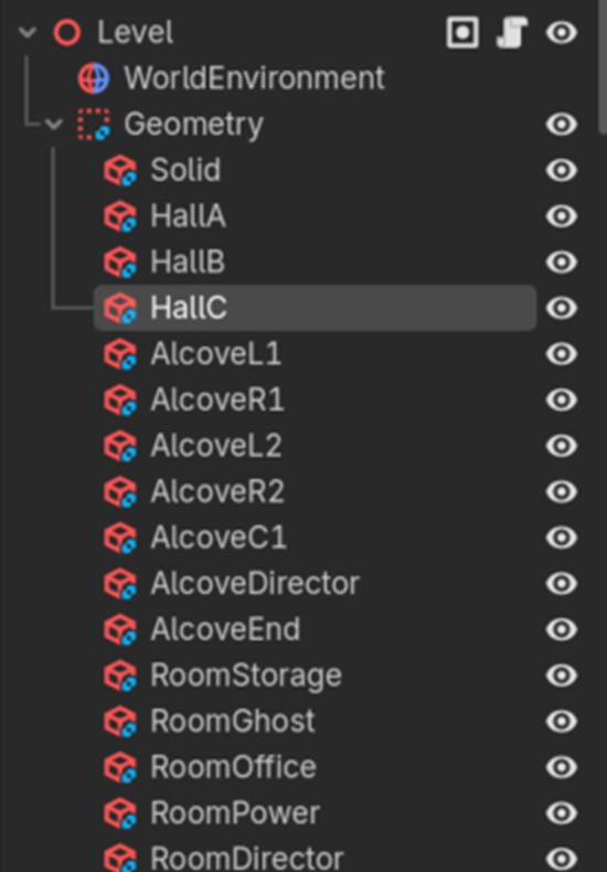 The editor's scene tree: Level, WorldEnvironment, Geometry, HallA, HallB and more nodes